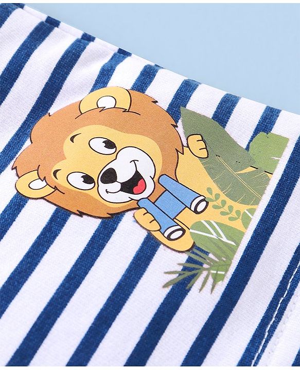 Babyhug Cotton Knit Mid Thigh Length Shorts Striped & Lion  Print - Yellow & Blue