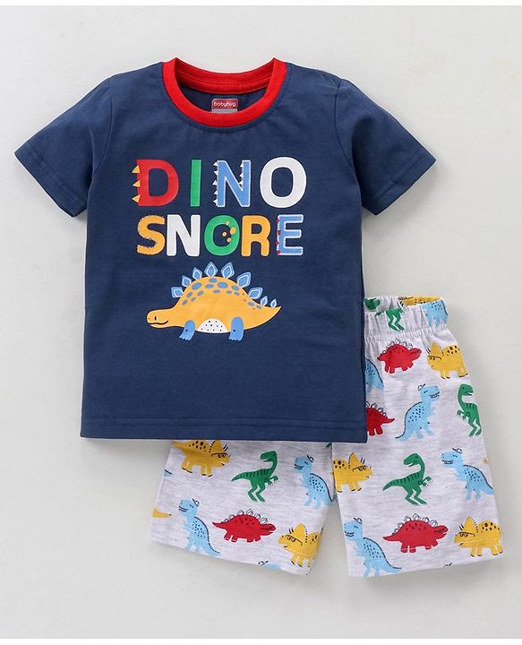 Babyhug Cotton Knit Half Sleeves Night Suit Dino Print - Navy & Ecru