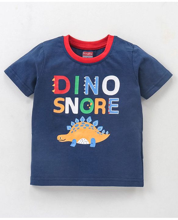 Babyhug Cotton Knit Half Sleeves Night Suit Dino Print - Navy & Ecru