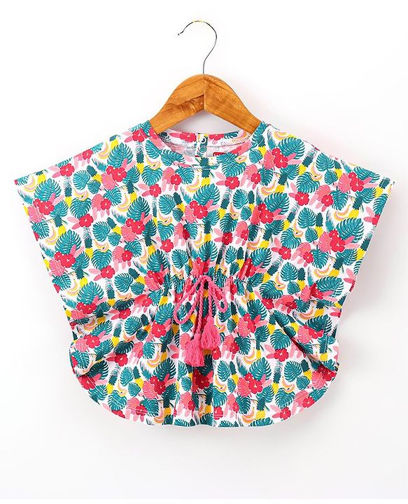 Babyhug 100% Cotton Half Sleeves Kaftan Style Top with Drawstring & Tassel Detailing Tropical Print - Mulricolour