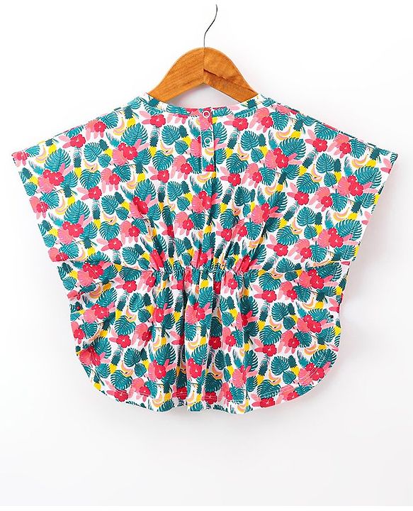Babyhug 100% Cotton Half Sleeves Kaftan Style Top with Drawstring & Tassel Detailing Tropical Print - Mulricolour
