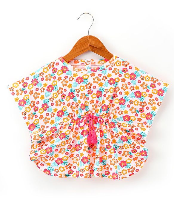 Babyhug Cotton Knit Half Sleeves Kaftan Style Tee with Drawstring & Tassel Detailing- White
