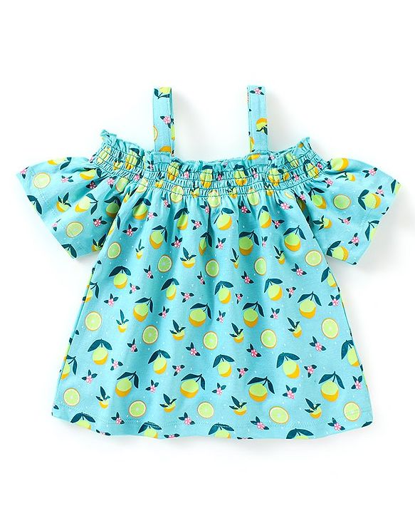 Babyhug 100% Cotton Off Shoulder Sleeves Top Lemon Print- Light Green