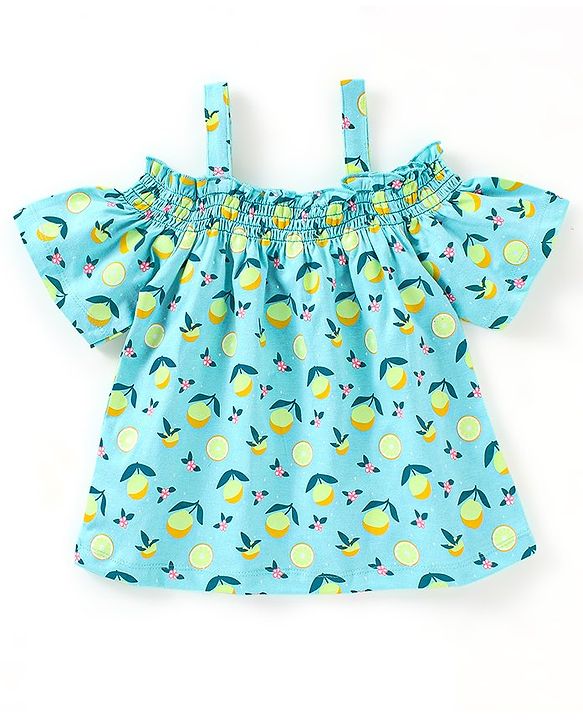 Babyhug 100% Cotton Off Shoulder Sleeves Top Lemon Print- Light Green