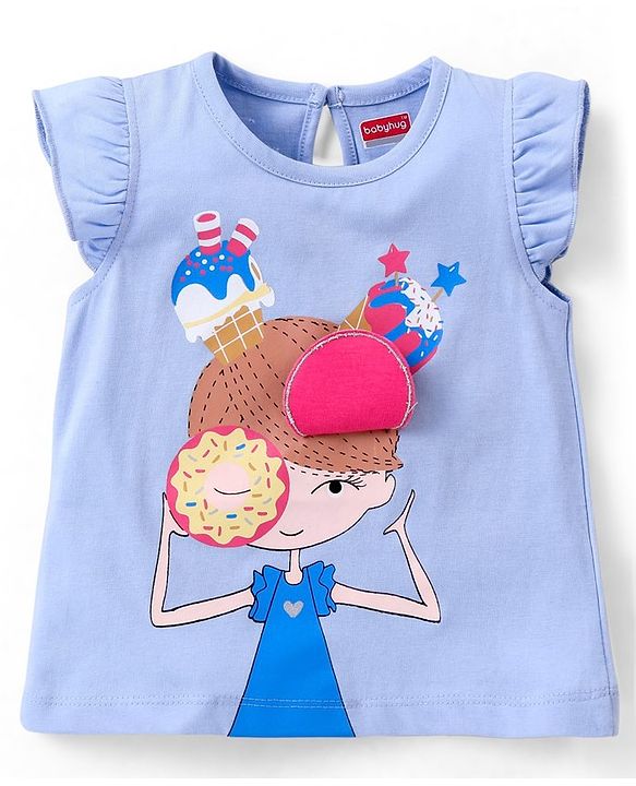 Babyhug 100% Cotton Knit Frill Sleeves Top with Donut Applique Girl Print - Blue