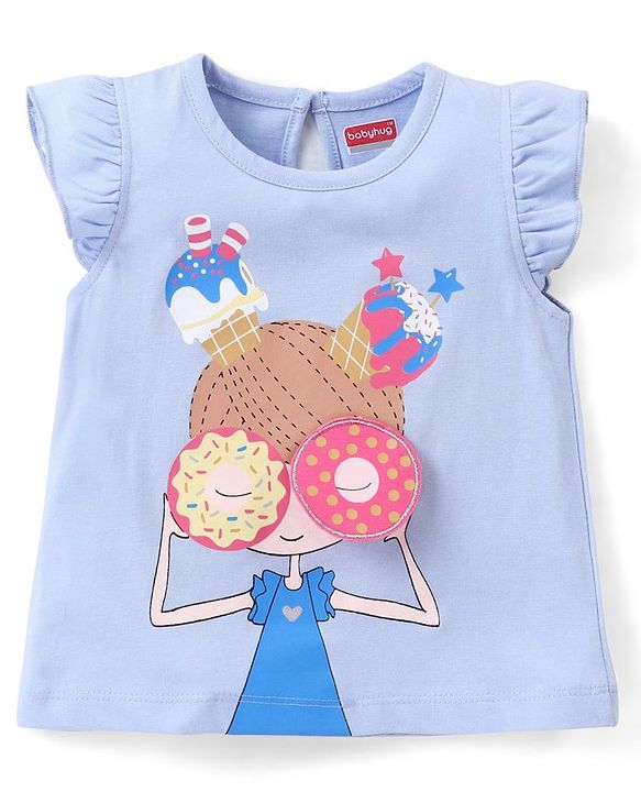 Babyhug 100% Cotton Knit Frill Sleeves Top with Donut Applique Girl Print - Blue