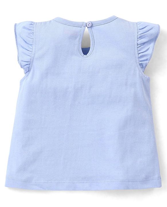 Babyhug 100% Cotton Knit Frill Sleeves Top with Donut Applique Girl Print - Blue