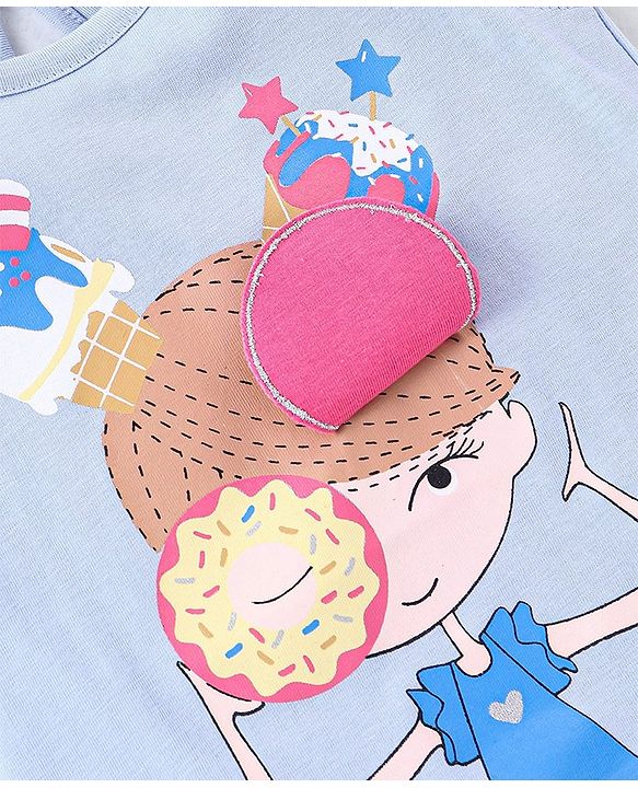 Babyhug 100% Cotton Knit Frill Sleeves Top with Donut Applique Girl Print - Blue