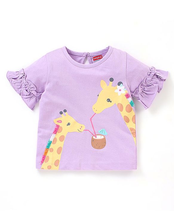 Babyhug 100% Cotton Knit Half Sleeves Giraffe Graphics Print T-Shirt with Tassels & Frill Detailing - Light Purple
