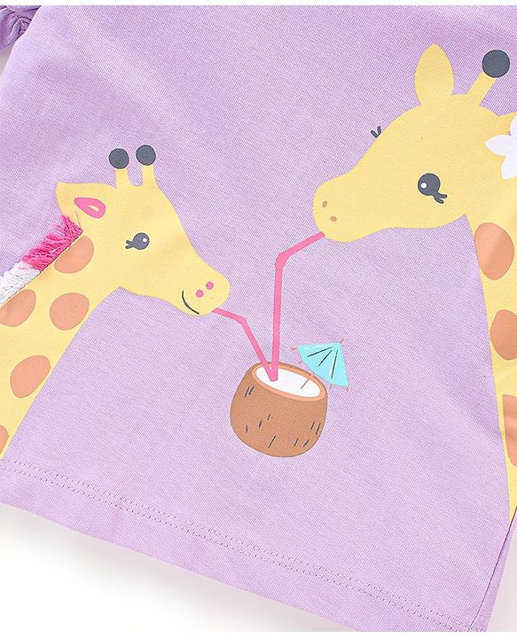 Babyhug 100% Cotton Knit Half Sleeves Giraffe Graphics Print T-Shirt with Tassels & Frill Detailing - Light Purple
