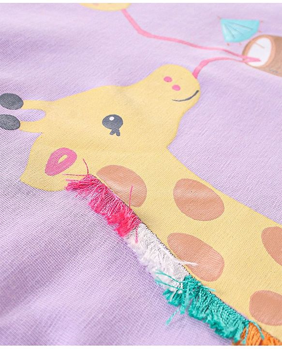 Babyhug 100% Cotton Knit Half Sleeves Giraffe Graphics Print T-Shirt with Tassels & Frill Detailing - Light Purple