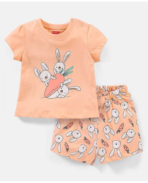 Babyhug Cotton Half Sleeves Night Suit Bunny Print- Peach