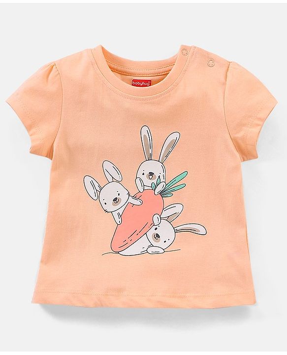Babyhug Cotton Half Sleeves Night Suit Bunny Print- Peach
