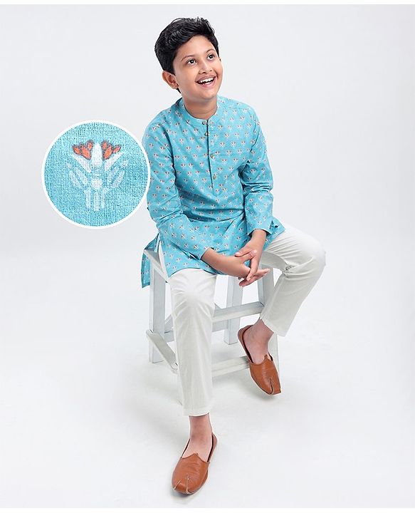 Pine Kids Full Sleeves Printed Kurta Pyjama Set - Turquoise