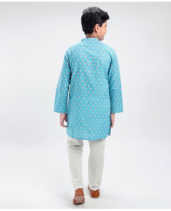 Pine Kids Full Sleeves Printed Kurta Pyjama Set - Turquoise