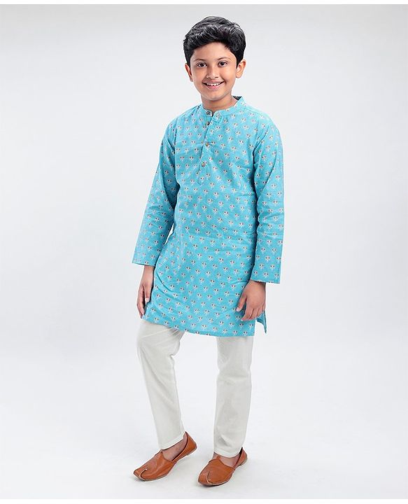 Pine Kids Full Sleeves Printed Kurta Pyjama Set - Turquoise