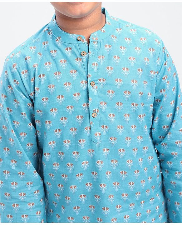 Pine Kids Full Sleeves Printed Kurta Pyjama Set - Turquoise