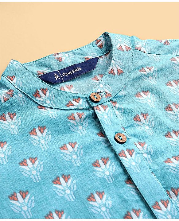 Pine Kids Full Sleeves Printed Kurta Pyjama Set - Turquoise