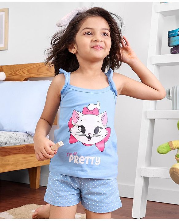 Babyhug Cotton Knit Sleeveless Night Suit Kitty Print - Blue