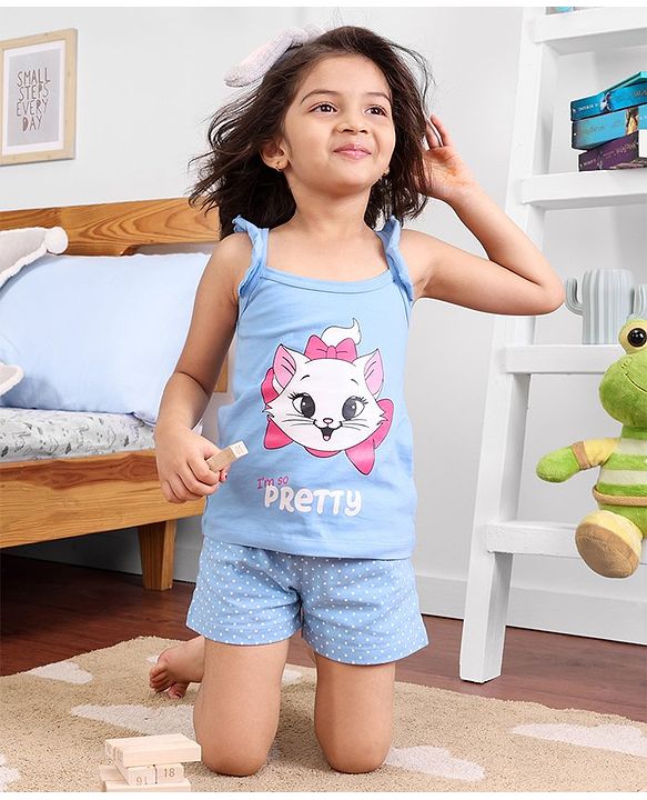Babyhug Cotton Knit Sleeveless Night Suit Kitty Print - Blue