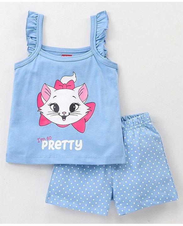 Babyhug Cotton Knit Sleeveless Night Suit Kitty Print - Blue