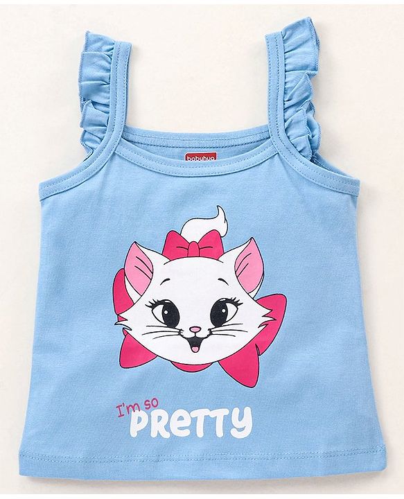 Babyhug Cotton Knit Sleeveless Night Suit Kitty Print - Blue