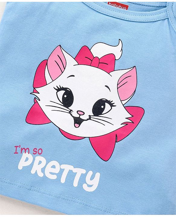 Babyhug Cotton Knit Sleeveless Night Suit Kitty Print - Blue
