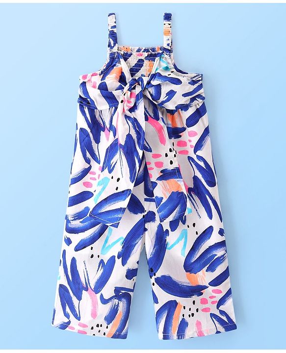 Babyhug Cotton Woven Singlet Sleeves Jumpsuit Abstract Print - White