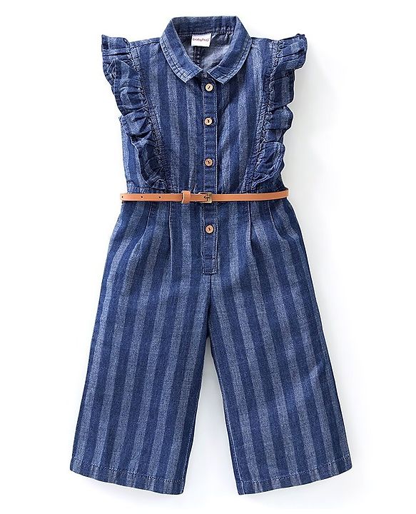 Babyhug Denim Sleeveless Jumpsuit Striped Print With Belt - Blue