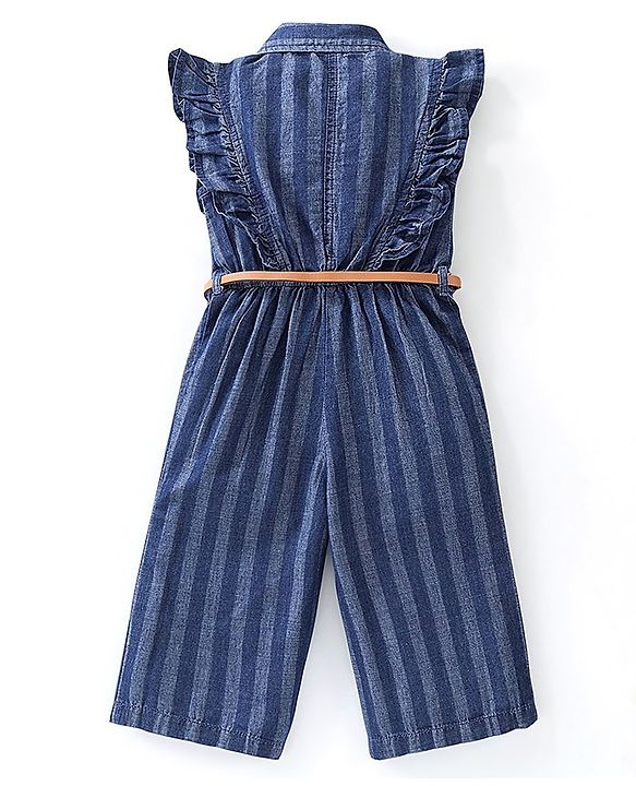Babyhug Denim Sleeveless Jumpsuit Striped Print With Belt - Blue