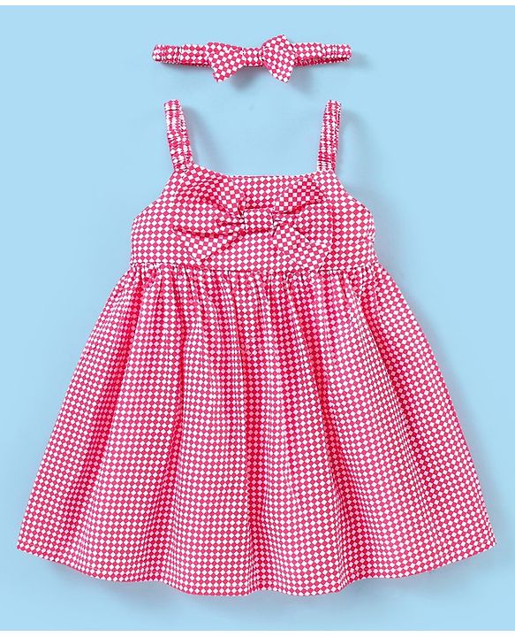 Babyhug 100% Cotton Woven Singlet Sleeves Checks Frock with Bow Applique & Headband - Pink