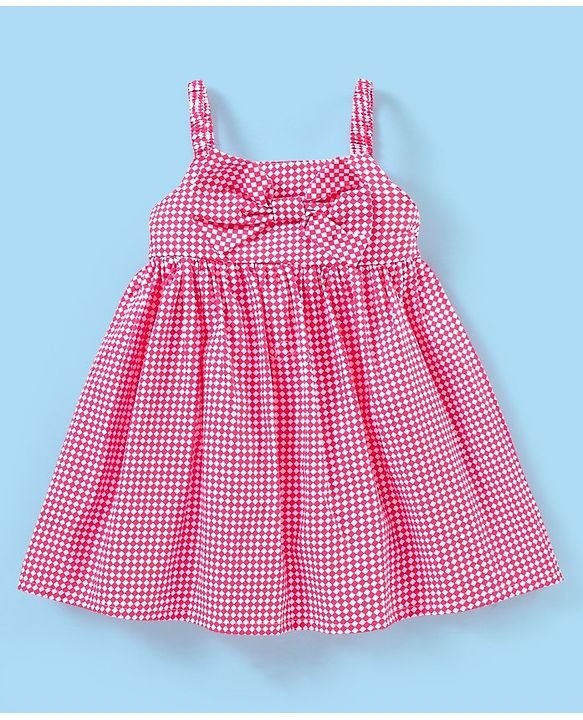 Babyhug 100% Cotton Woven Singlet Sleeves Checks Frock with Bow Applique & Headband - Pink