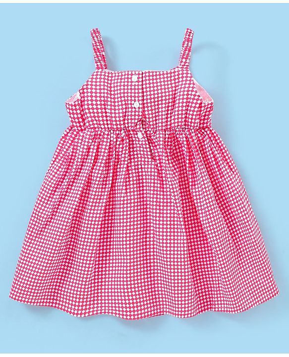 Babyhug 100% Cotton Woven Singlet Sleeves Checks Frock with Bow Applique & Headband - Pink