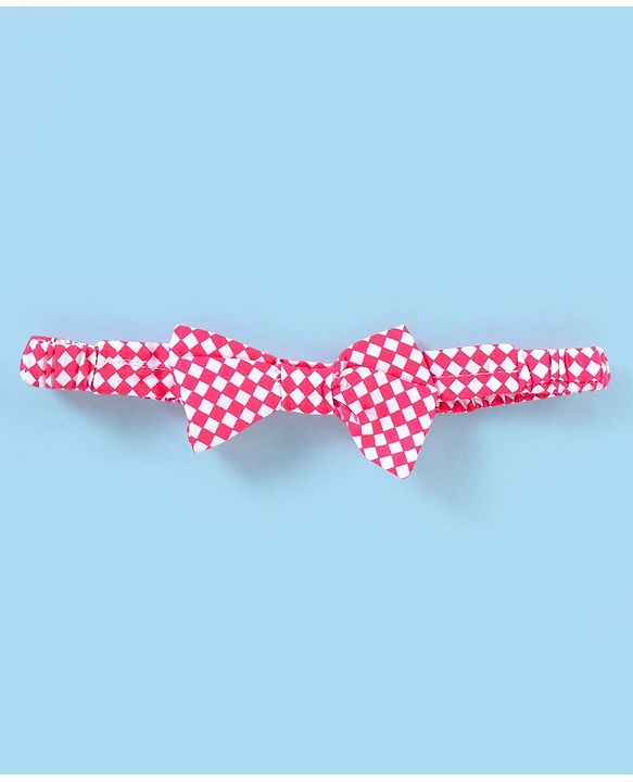 Babyhug 100% Cotton Woven Singlet Sleeves Checks Frock with Bow Applique & Headband - Pink