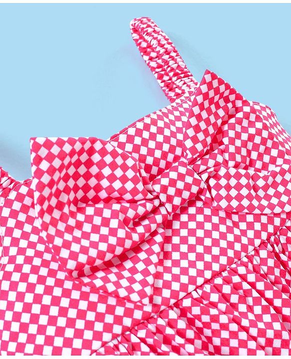 Babyhug 100% Cotton Woven Singlet Sleeves Checks Frock with Bow Applique & Headband - Pink