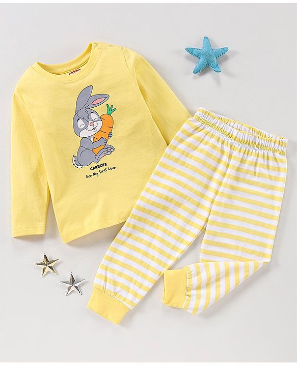 Babyhug Cotton Knit Full Sleeves Night Suit Stripes & Bunny Print - Yellow