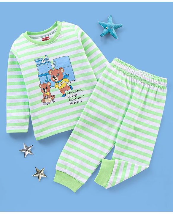 Babyhug Cotton Knit Full Sleeves Night Suit Striped & Teddy Print - Green
