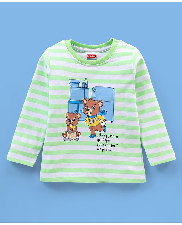 Babyhug Cotton Knit Full Sleeves Night Suit Striped & Teddy Print - Green