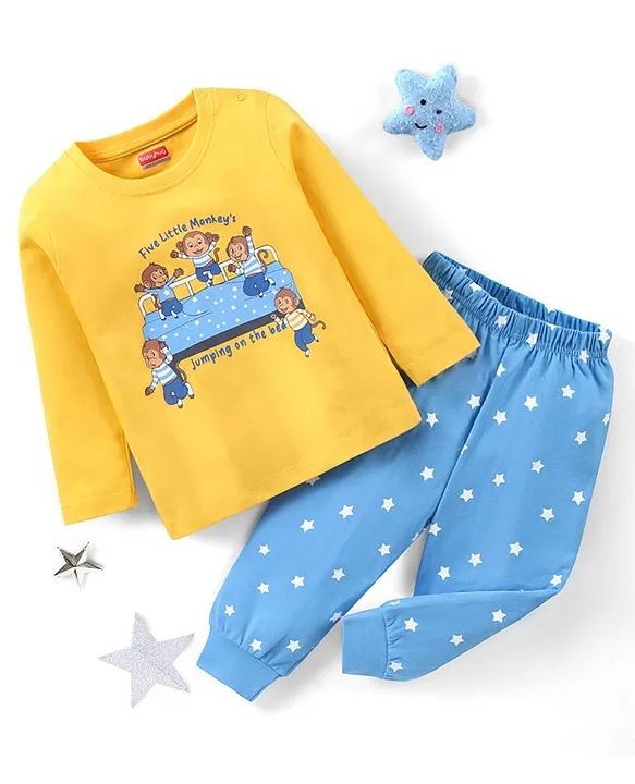 Buy Babyhug Cotton Knit Full Sleeves Night Suit Monkey Print