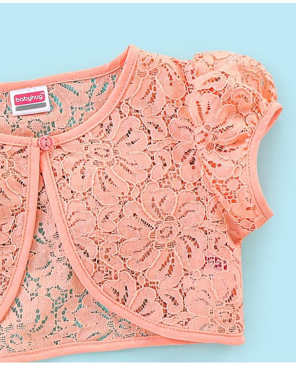 Babyhug 100% Cotton Sleeveless Floral Print Frock with Lace Shrug - White & peach