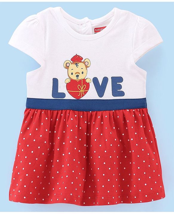 Babyhug 100% Cotton Knit Cap Sleeves Frock With Bloomer & Headband Text & Dot Print- White & Red