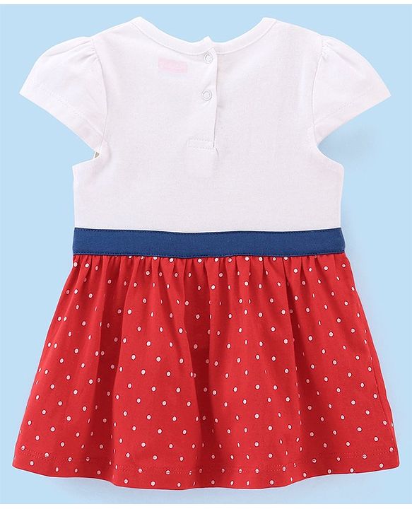Babyhug 100% Cotton Knit Cap Sleeves Frock With Bloomer & Headband Text & Dot Print- White & Red