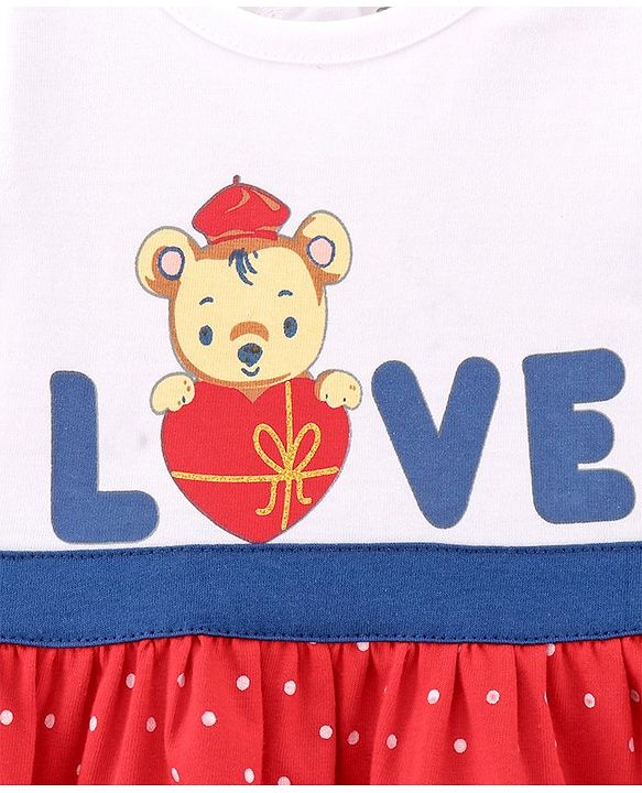 Babyhug 100% Cotton Knit Cap Sleeves Frock With Bloomer & Headband Text & Dot Print- White & Red