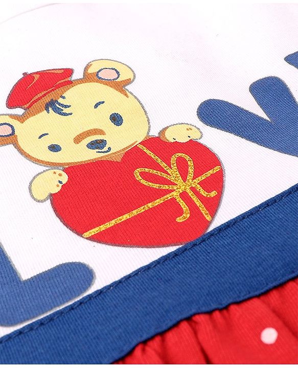 Babyhug 100% Cotton Knit Cap Sleeves Frock With Bloomer & Headband Text & Dot Print- White & Red