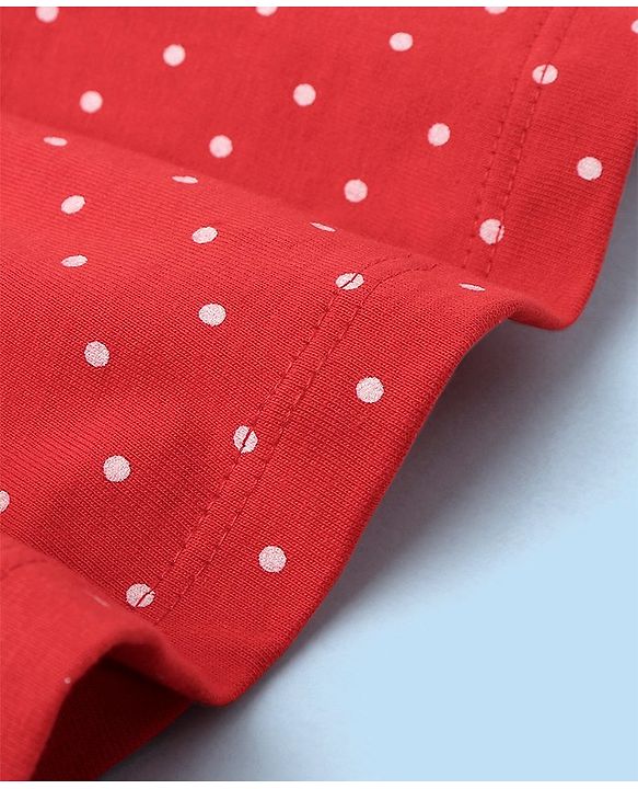 Babyhug 100% Cotton Knit Cap Sleeves Frock With Bloomer & Headband Text & Dot Print- White & Red