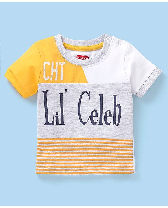 Babyhug Cotton Knit Half Sleeves Cut & Sew T-Shirt Text Print- Ecru Melange & White