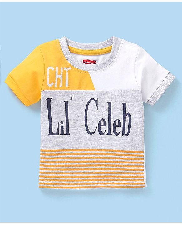 Babyhug Cotton Knit Half Sleeves Cut & Sew T-Shirt Text Print- Ecru Melange & White