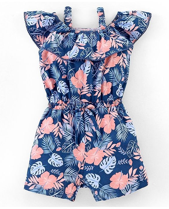 Babyhug 100% Cotton Sleeveless Jumpsuit Leaf Print- Navy Blue