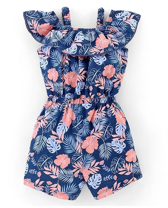 Babyhug 100% Cotton Sleeveless Jumpsuit Leaf Print- Navy Blue