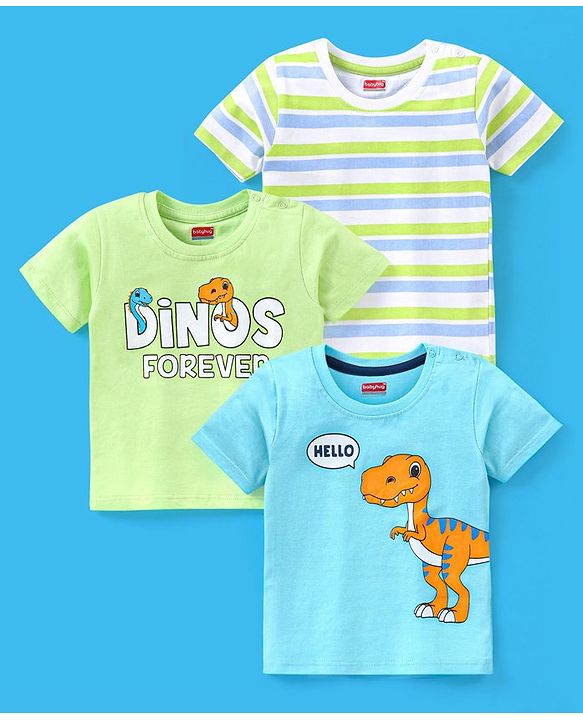 Babyhug Cotton Half Sleeves T-Shirt Dino & Stripes Print Pack of 3 -Blue & Green